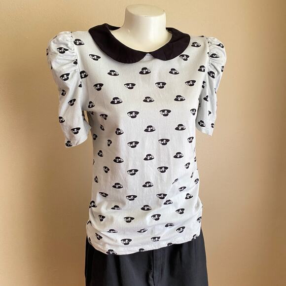 Forever 21 Large Mint Navy Hat Print Blouse Collared Ruffle Short Sleeve Stretch - Picture 1 of 7